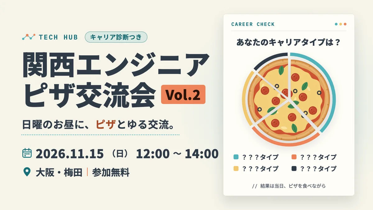 告知画像：関西エンジニア ピザ交流会Vol.2（2026.11.15、大阪・梅田、キャリア診断つき、参加無料）